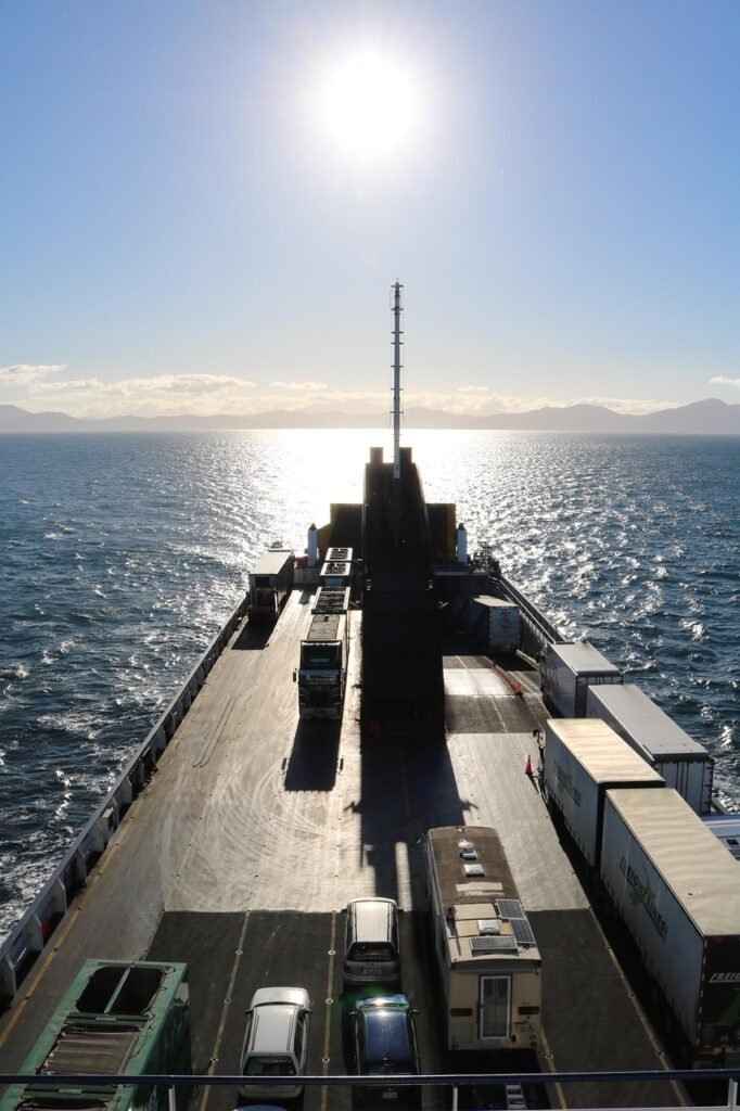 ferry, boat, cargo, ship, sea, ocean, containers, trucks, nature, sun